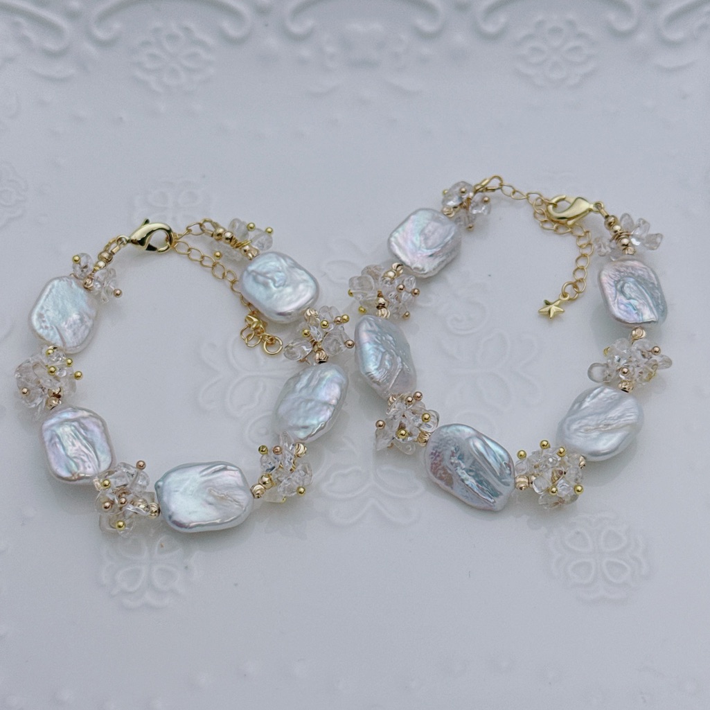 26b166 Handmade Freshwater Baroque Pearl Clear Quartz Flower Blossom Bracelet 35$